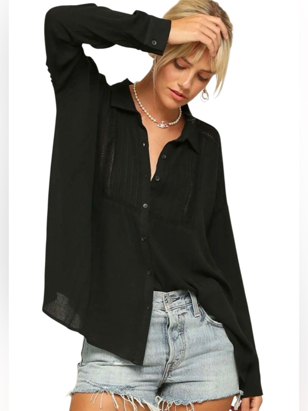 NEW Kyemi Black Lightweight Open Lace Crochet Inset Boho Breeze Button Up Shirt - Picture 2 of 6